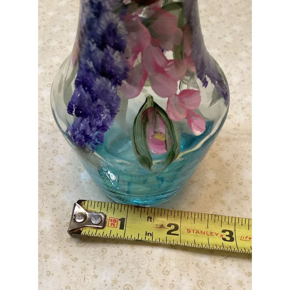 Blue Hand Painted Bud Vase Beautiful Pink & Purple Flowers Mother's Day Gift